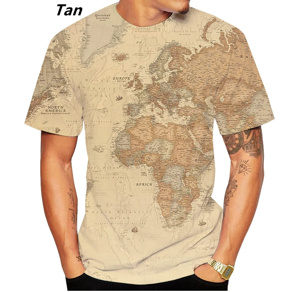 Map of Five Continents Men\'s ultra-thin short sleeve T-shirt, 3D World map printed shirt, personalized, casual, super large, sum