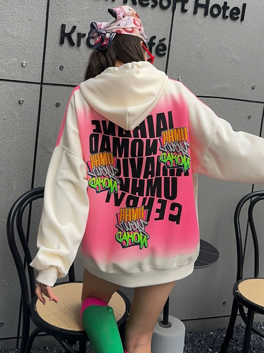 Graffiti Letter Hooded Sweatshirt Tops Women 2024 Autumn Winter Oversized Y2k Clothes Cotton Casual Loose Sportshirt Bust 132cm