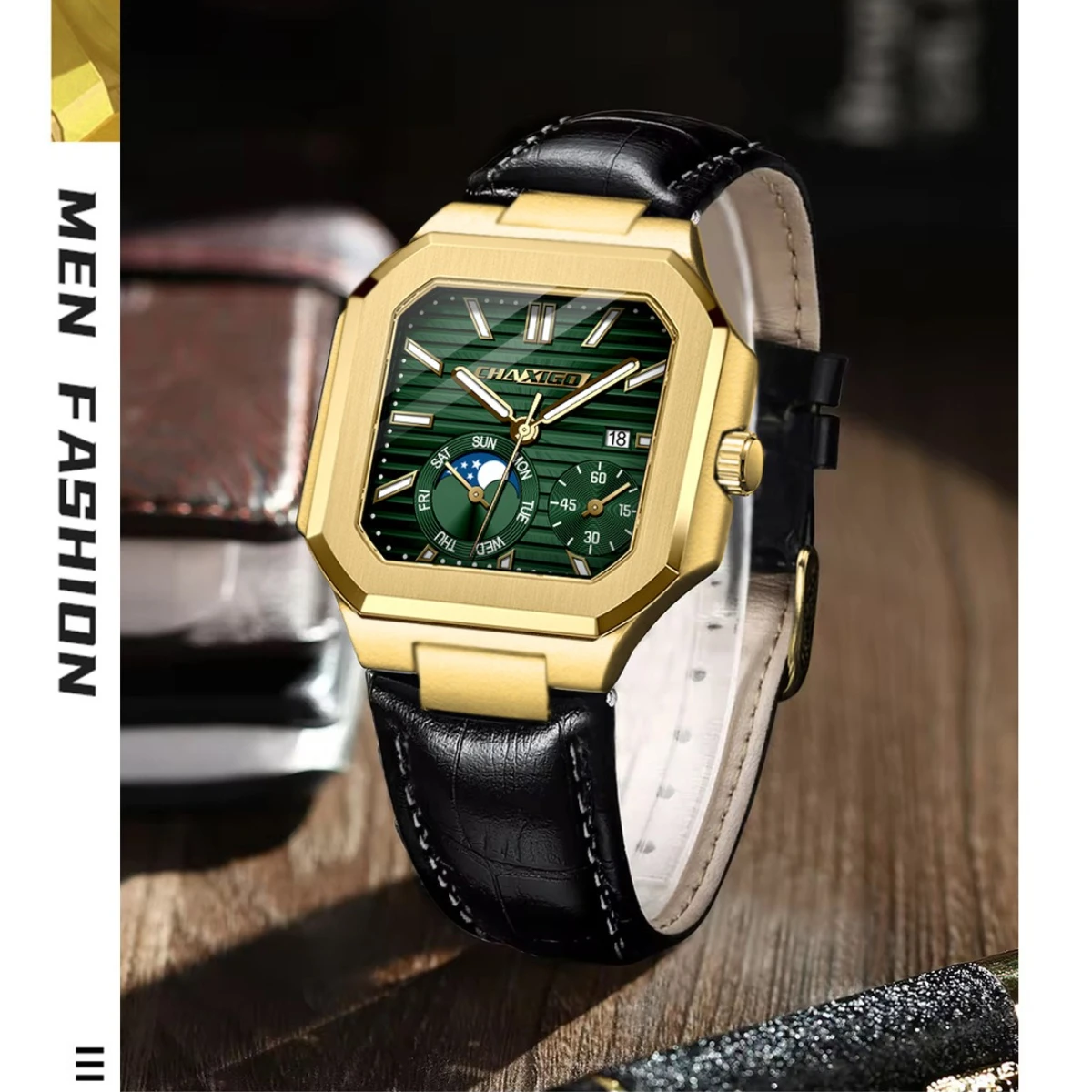 

CHAXIGO 079, хит продаж, лучший бренд, декоративные водонепроницаемые кварцевые мужские часы, модный дизайн даты, модные мужские часы с фазой Луны