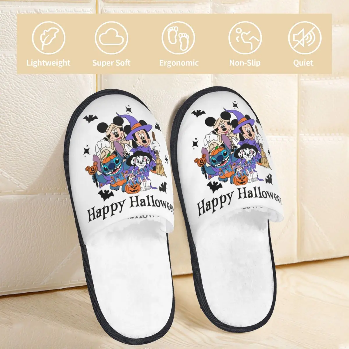 Winter Slippers Mickey And Minnie Happy Halloween Accessories Household Fur Slides Slippers Living Room Cozy Anti Slip Slides