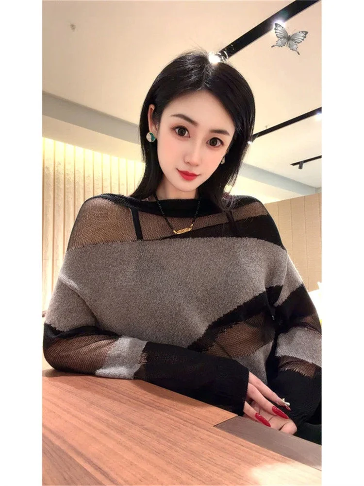 

Корейский вязаный свитер с вырезами, черный дизайн, весенняя новинка, уникальный женский модный повседневный удобный топ с длинными рукавами