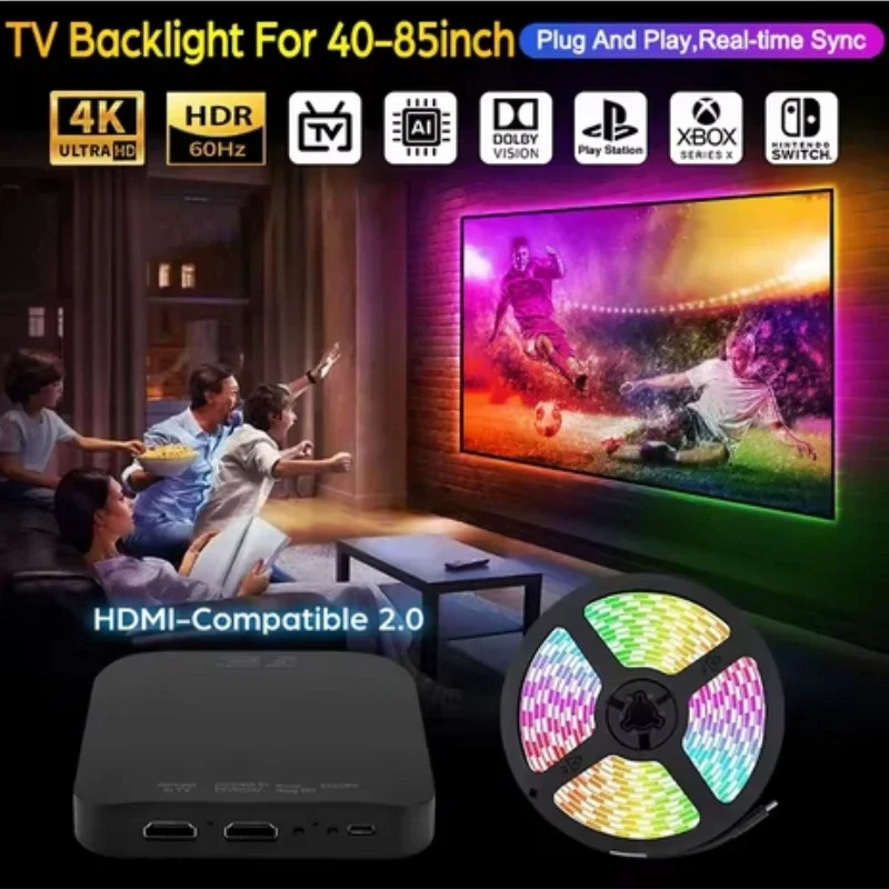 

TV LED Backlights Sync to Screen For 40-85 Inch Real-Time Sync LED Light Strip For 4K HDMI-Compatible 2.0 Device Plug and Play