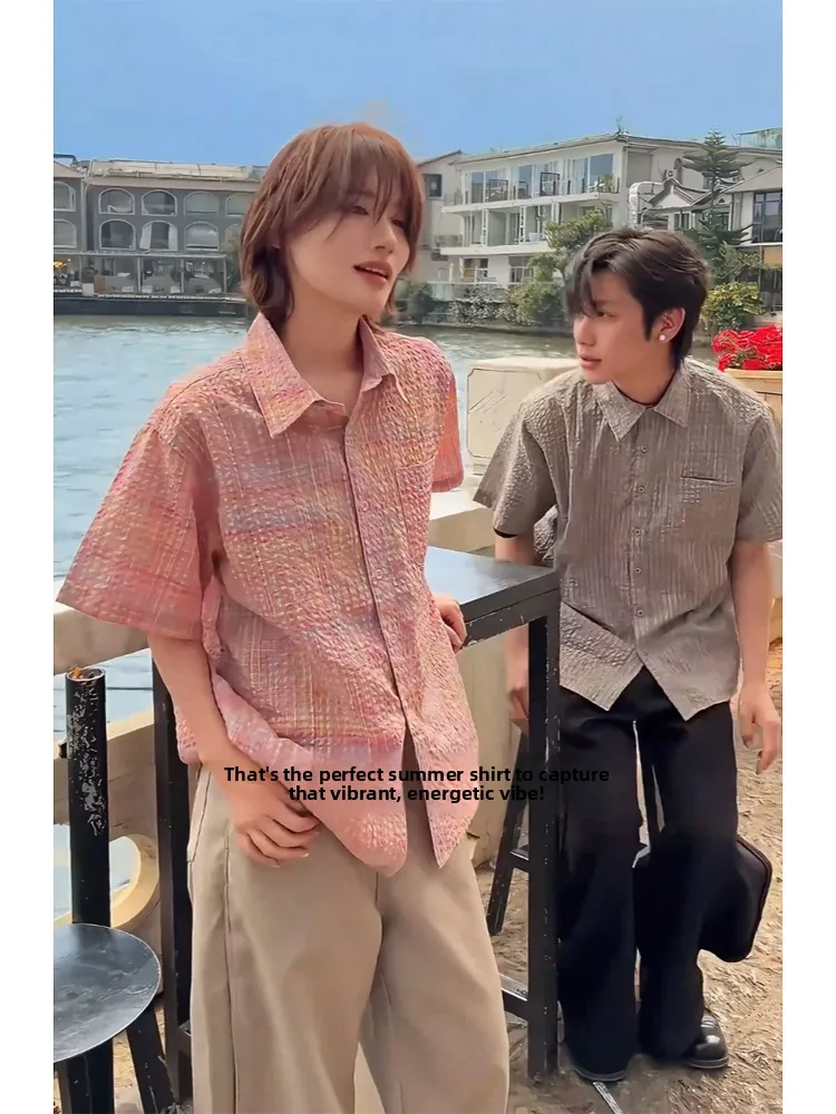 

Pink Bubble Cloth Hawaii Beach irt Men ort Sve Summer American Sle f Sve irt Texture Sensation Svel Ja...