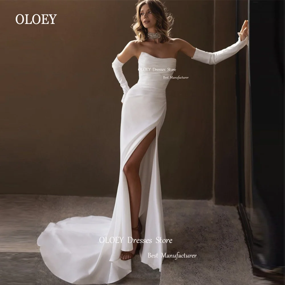 

OLOEY Simple Strapless Mermaid Wedding Dresses Sleeves Long Slit Chiffon Satin Sweep Train Beach Bridal Gowns Robe de marige