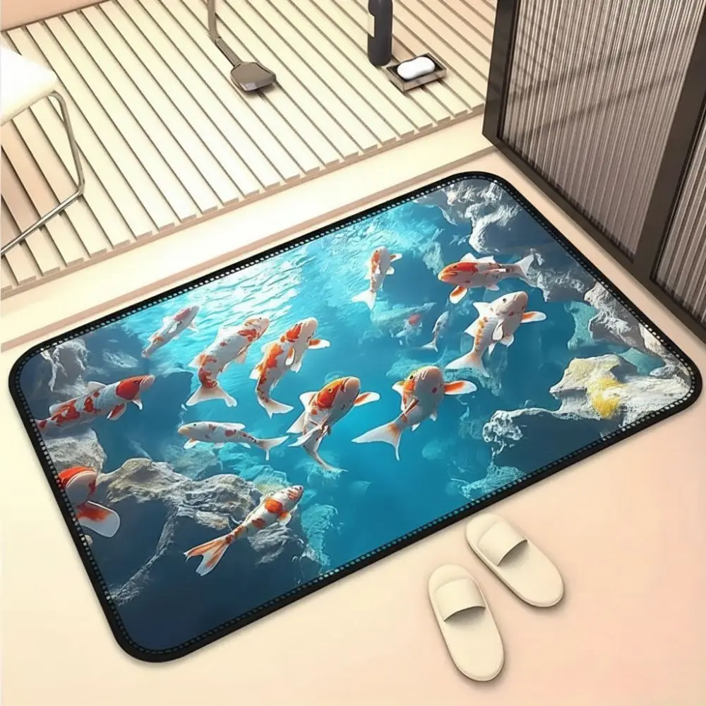 40*60cm 3D Visual Crystal Velvet Floor Mat Koi Fish Printing Non-slip Bathroom Carpet Abrasion-resistant Water-absorbing
