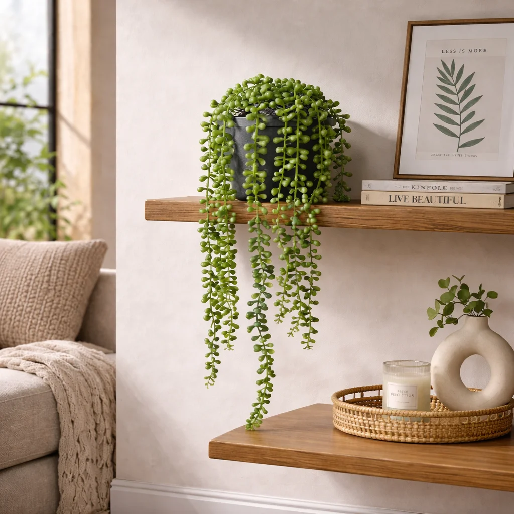Künstliche Perlenketten-Pflanzen, künstliche hängende Sukkulenten im Topf für Innen- und Außenbereich, Regal, Schreibtisch, Fenster, Haus, Garten, Bürodekoration – Detail 2