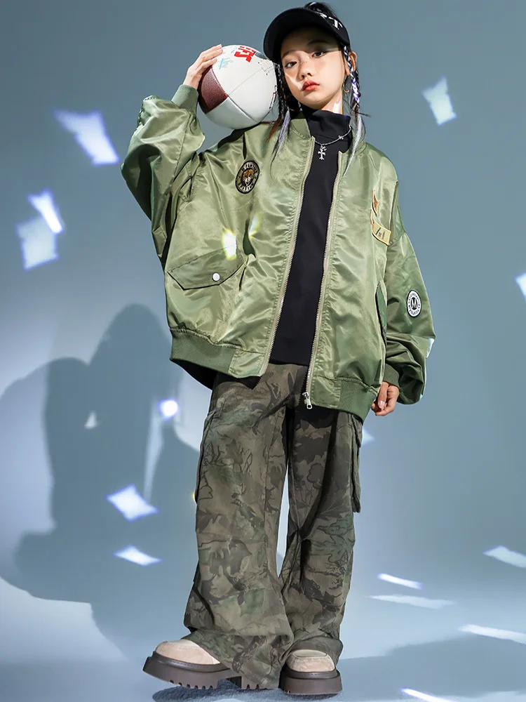 

Kid Hip Hop Clothing Army Green Bomber Jacket Windbreaker Camouflage Wide Cargo Pants for Girls Boys Jazz Dance Costumes Clothes