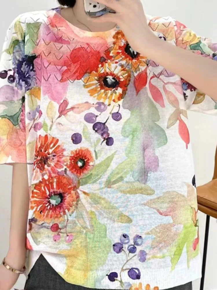 Oversized Summer Knitted T-Shirts Tops Women Loose Fashion Flower Floral Print Ladies Blouses Casual Short Sleeve Woman Tops