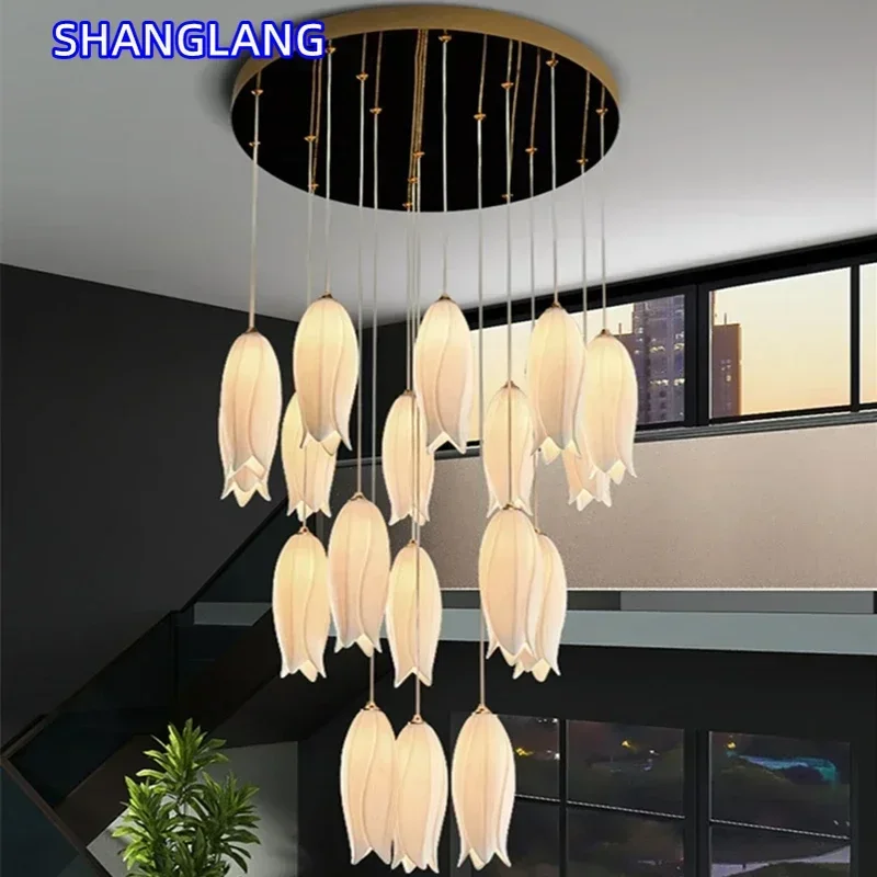 

Nordic Ceramic Tulip Staircase Chandelier For Villa Bedroom Bedside Restaurant Hotel Duplex Building Multi Heads Pendant Lamp