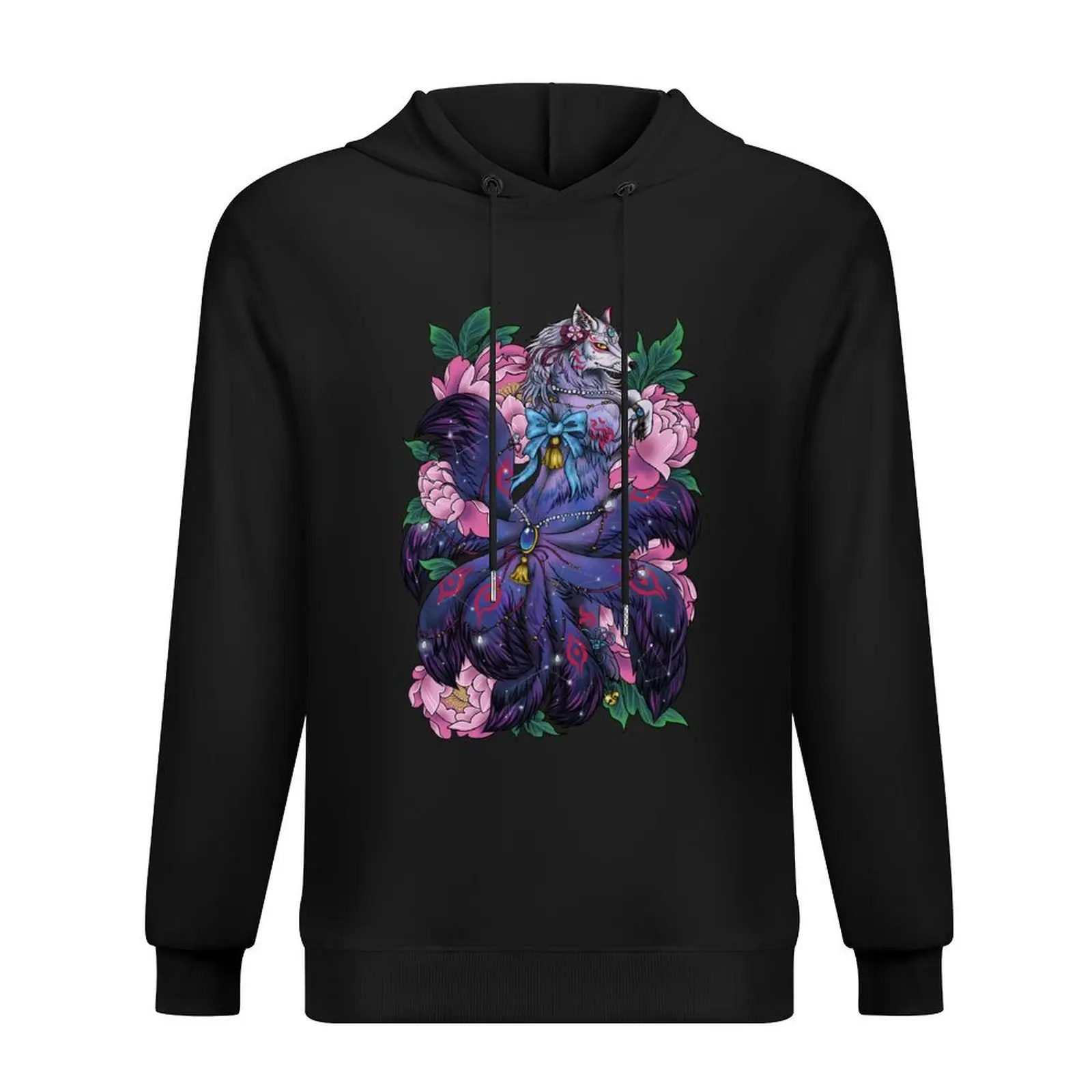 

Cosmic Japanese Kitsune with Peonies Hoodie men wear graphic t shirts men japanese style mens designer clothes hoodie for men