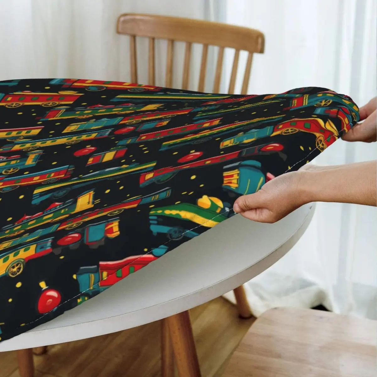 Cartoon Train Models Display Design Waterproof Round Tablecloth Oilproof Table Cloth for Kitchen Events Dining Table Cover