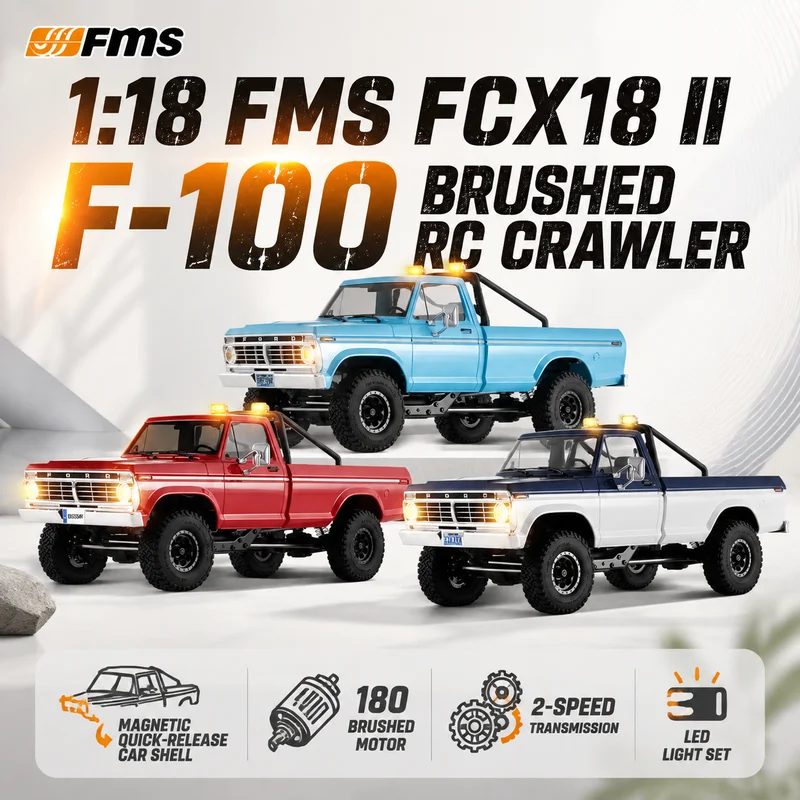 FMS FCX18 II F-100 New 1:18 Remote Control Brushed 4WD Off-Road Crawler Pickup Simulation Ford With Light RC Two-Speed Model Toy
