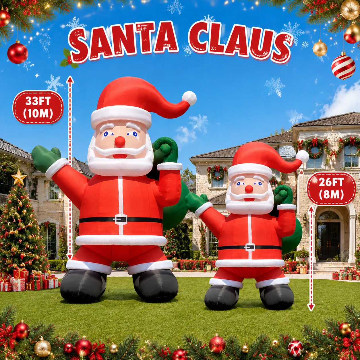 Giant Inflatable Christmas Chimney 28/33ft Tall Outdoor Home Holiday Decorations 2-3-Story High Santa Claus Decoration