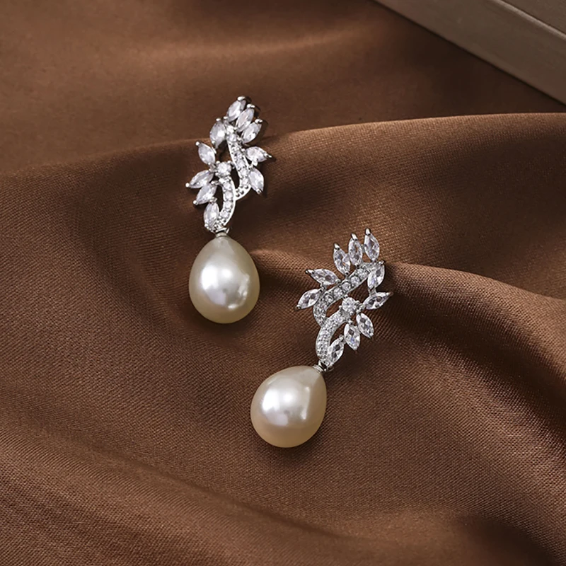 Creative Irregularity White Gold Color Pearl Dangle Earrings for Women with Zirconia Earings Engagement Jewelry Wedding Dije