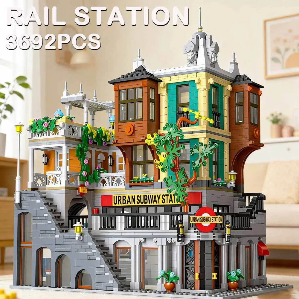 

Creative IDEAS City Light Rail Station Building Blocks MOC street view Subway Station Train Creative Model Set Bricks Toys