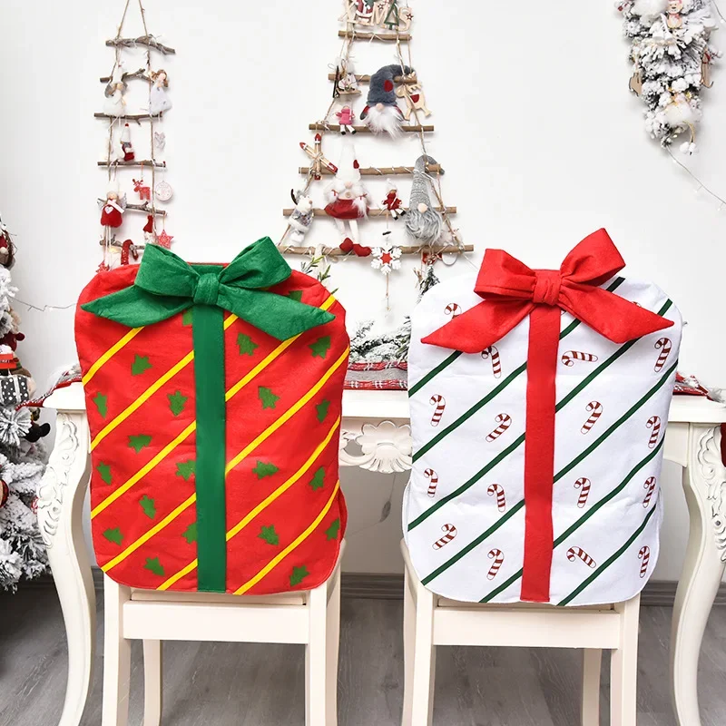 4pcs Xmas Bowtie Gift Bag Christmas Chair Covers Decorations for Home Dining Room Party Kitchen Banquet Hotel Decor