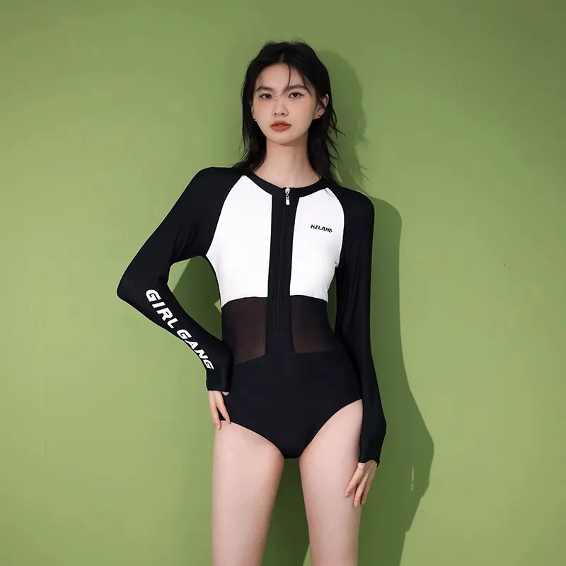 

Women One Piece Professional WaterProof Long Sleeve Surfing SwimWear Female Sexy Front Zipper Quick-Drying Sports Bathing Suit