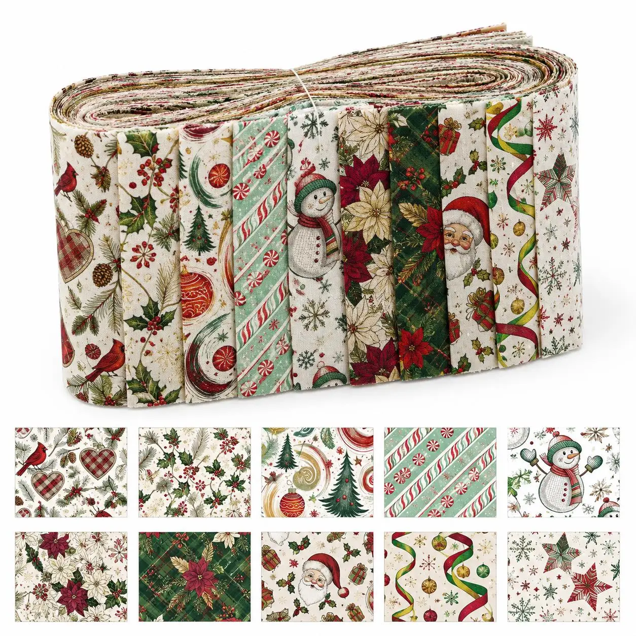 10pcs Santa Christmas Pattern Jelly Roll Fabric Strips 2.5X19.7inch Pre-Cut  Polyester For Patchwork Quilts, Table Runners