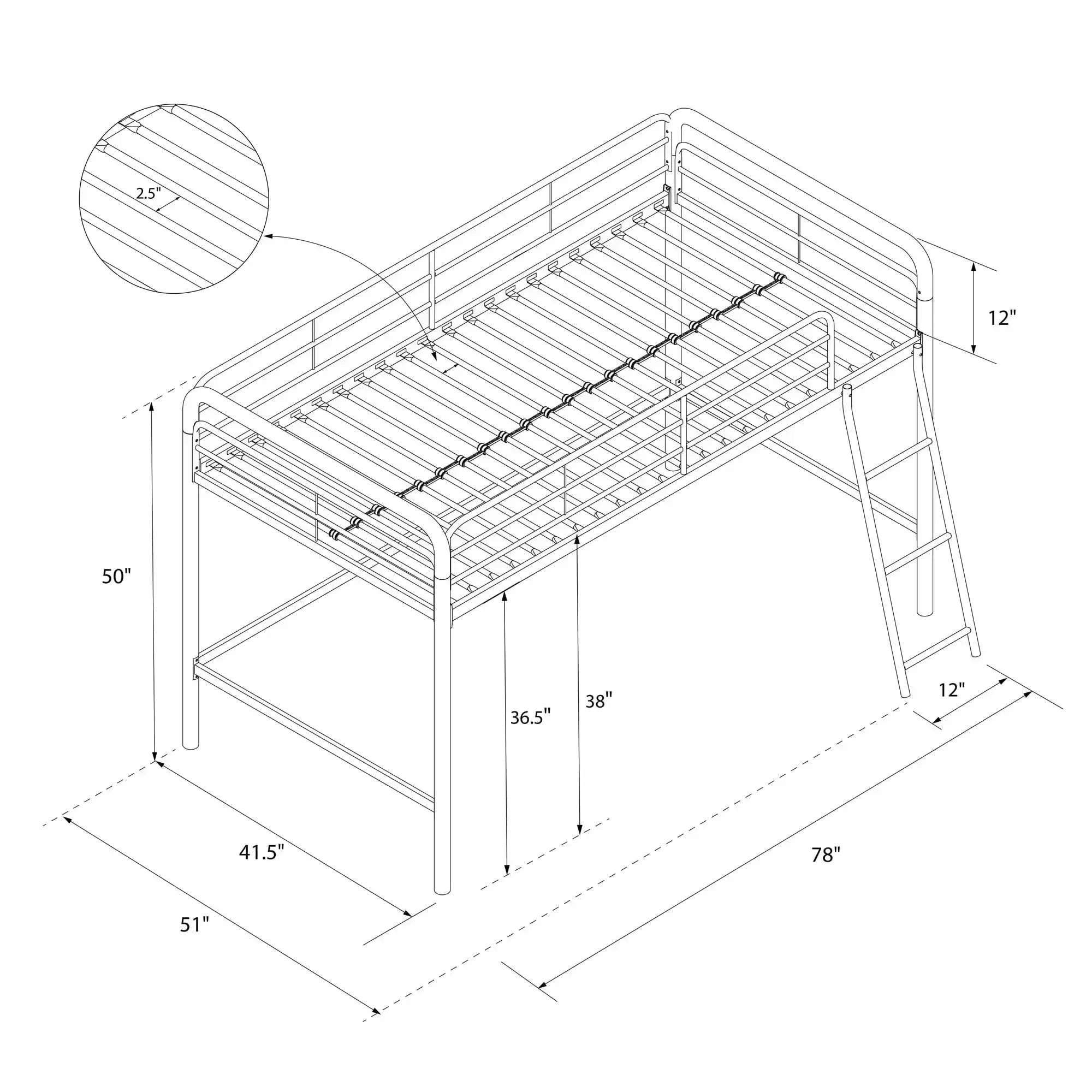 Twin Metal Loft Bed Bedroom Furniture, Weight capacity: 200 lbs, Black