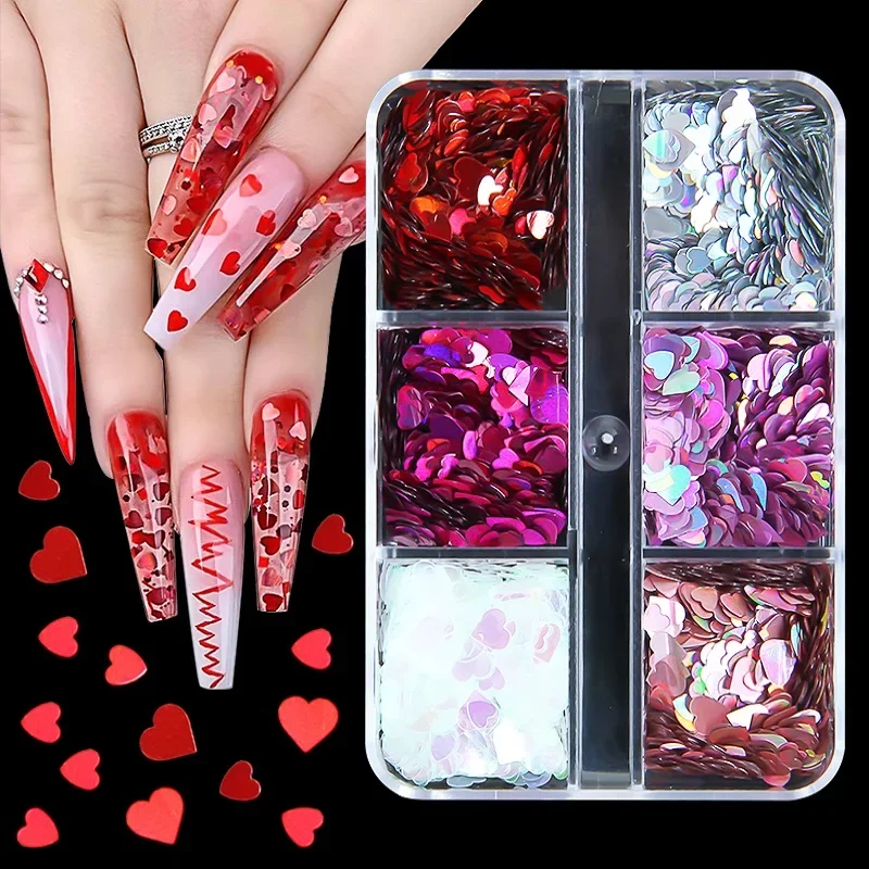 6 Grids Mixed Sweet Love Heart Holographic Nail Art Glitter Sequins 3D Laser Nails Decorations Flakes Paillette Valentine's Day