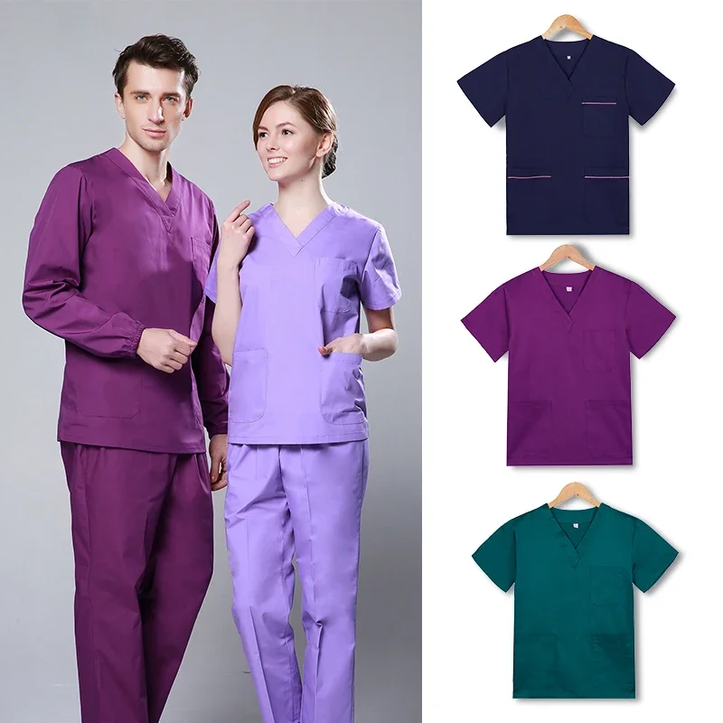 Homens e mulheres V-Neck Uniformes de enfermagem monocromáticos, Scrub Set, Enfermeira Workwear, Scrub, Cheap Scrubs, Doctor Working Suit