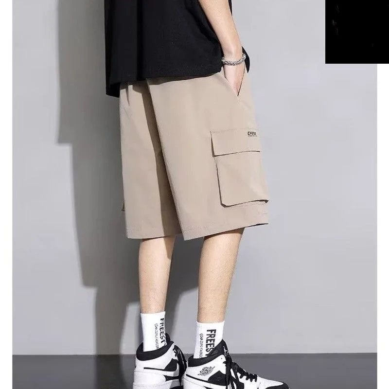 2024 Retro Work Shorts New Men's Elastic Drawstring Pockets Solid Color Fashion Thin and Versatile Ice Silk Casual Knee Pants