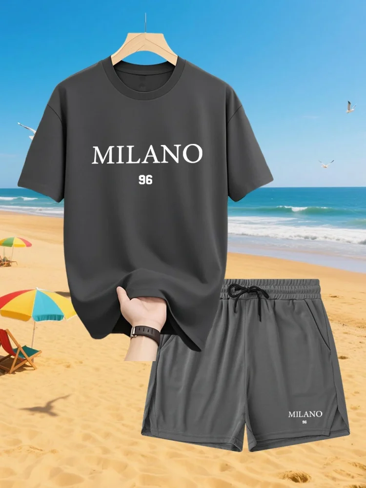 

2025 new crew neck short sleeve T-shirt fashion shorts set Milano print short sleeve Shorts 2-piece MEN'S summer sports set