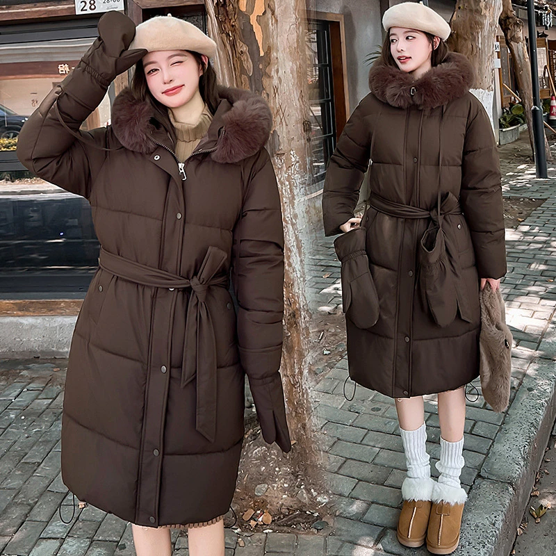 冬用厚手暖かいフード付きビッグファーカラー女性用ロングパーカー細身ウエストベルト付き手袋付き気質通勤ダウン綿入りコート