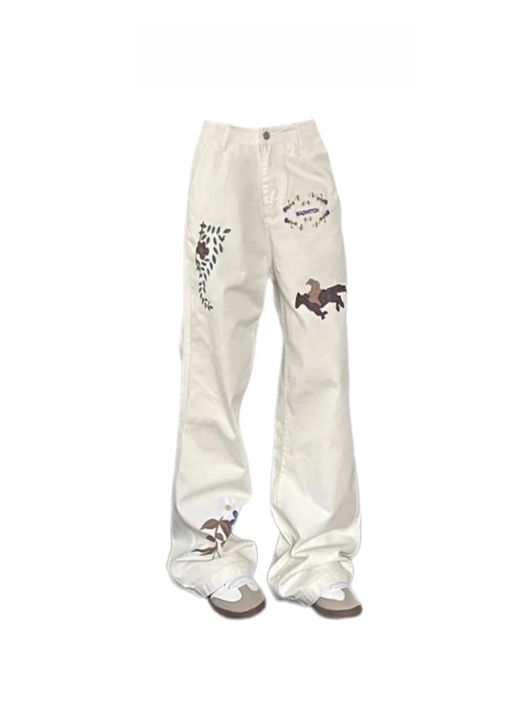 

Белые джинсы с вышивкой American Sle, женские повседневные свободные прямые брюки в стиле хип-хоп, длинные брюки с высокой талией, новинка осени