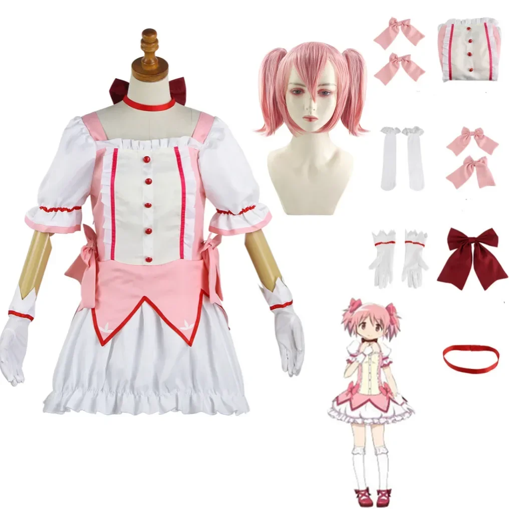 

Kaname Madoka Cosplay Costume Wig Anime Puella Magi Madoka Magica Pink Ball Dress Halloween Party Uniform Outfit for Women Girl