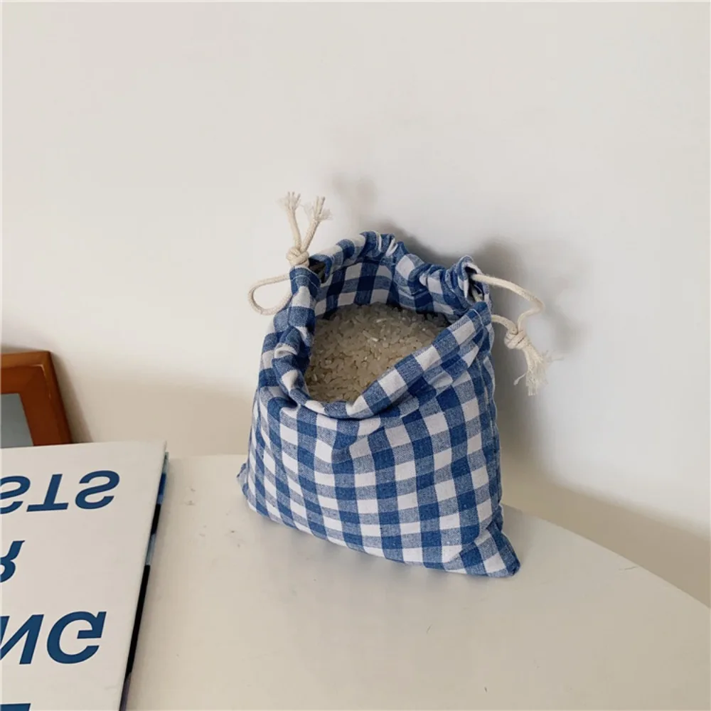 Linen Grids Drawstring Bag Storage Bag Pastoral Literary Style Makeup Bag Coin Purse Cosmetic Bag Jewelry Storage Bag daily