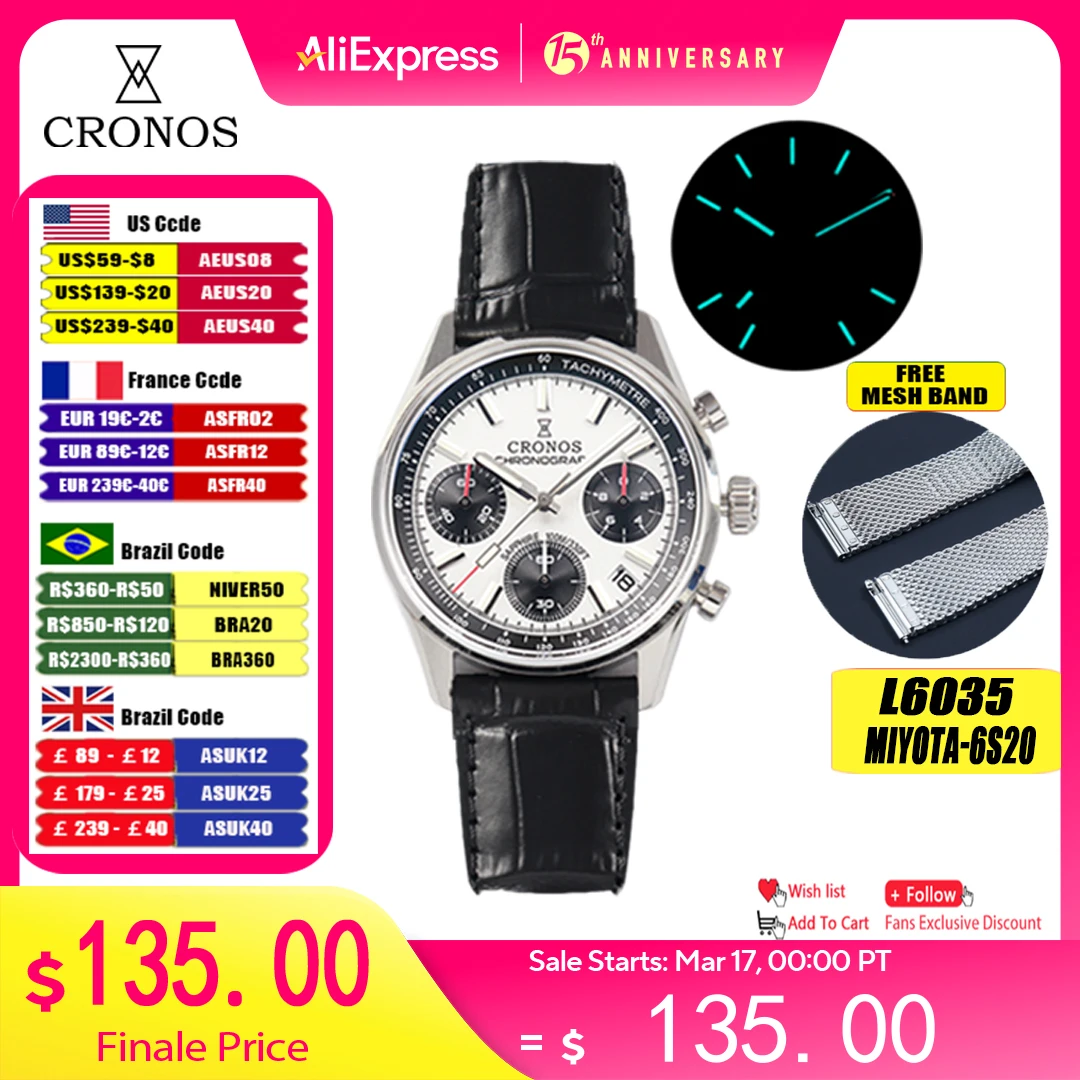 Cronos novo cronógrafo quartzo relógios masculinos miyota 6s20 38.5mm preto & branco panda dial safira à prova dwaterproof água 10bar BGW-9 l6035