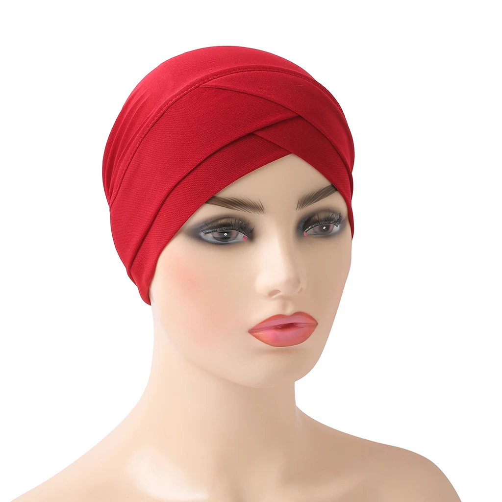 H117 Criss Crossed Muslim Turban Pure Color Stretch Inner Hijabs For Caps Ready To Wear Women Head Scarf Under Bonnet