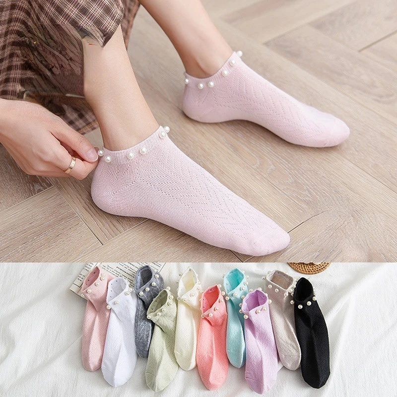 1 pairs Summer new pearl women's boat socks Japanese small fresh girly women's socks shallow lace short tube women's socks