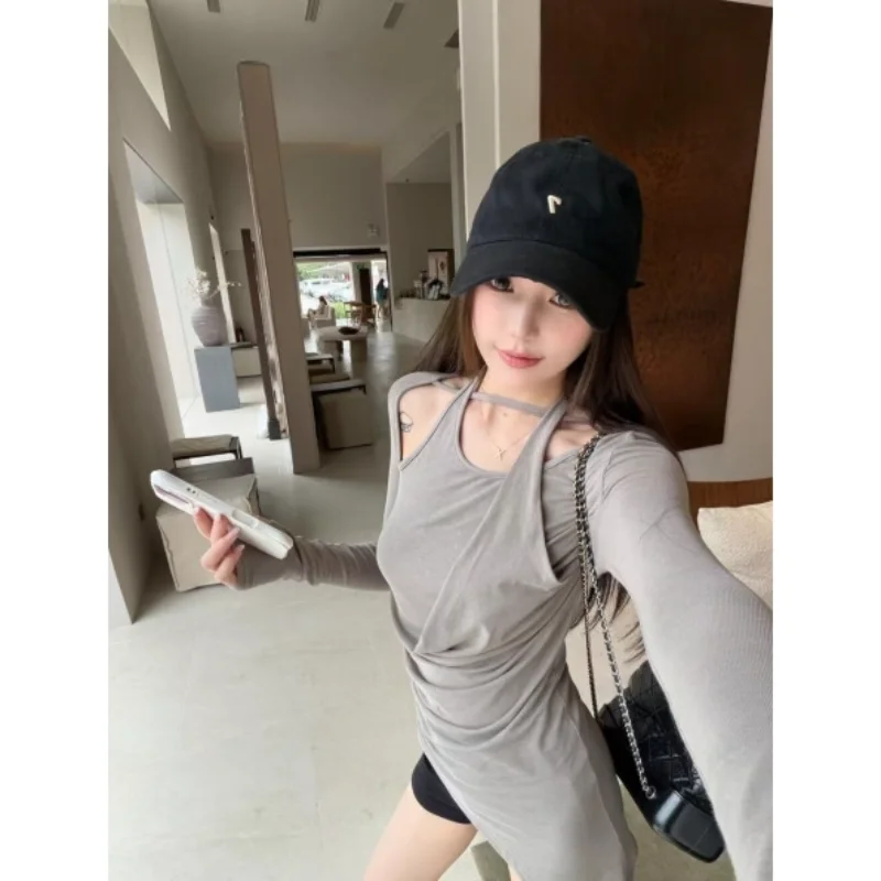 Zhang Ying Pure Want Hanging Neck Shoulder Exposure Long Sleeve Women's T-shirt Irregular Waist Design Regular Thickness Poly...