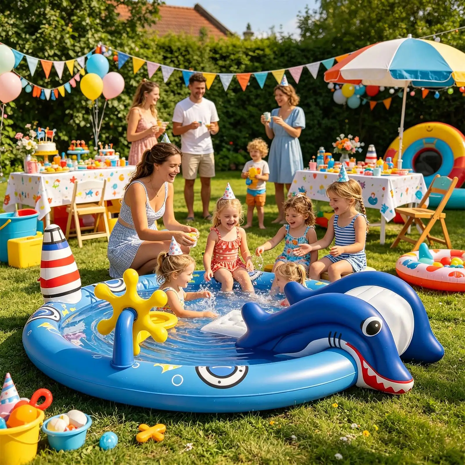 子供用ウェーディングプール、インフレータブル遊具、海洋生物柄ウォータープレイプール、スライドと水噴射装置付き、2～6歳のお子様向け