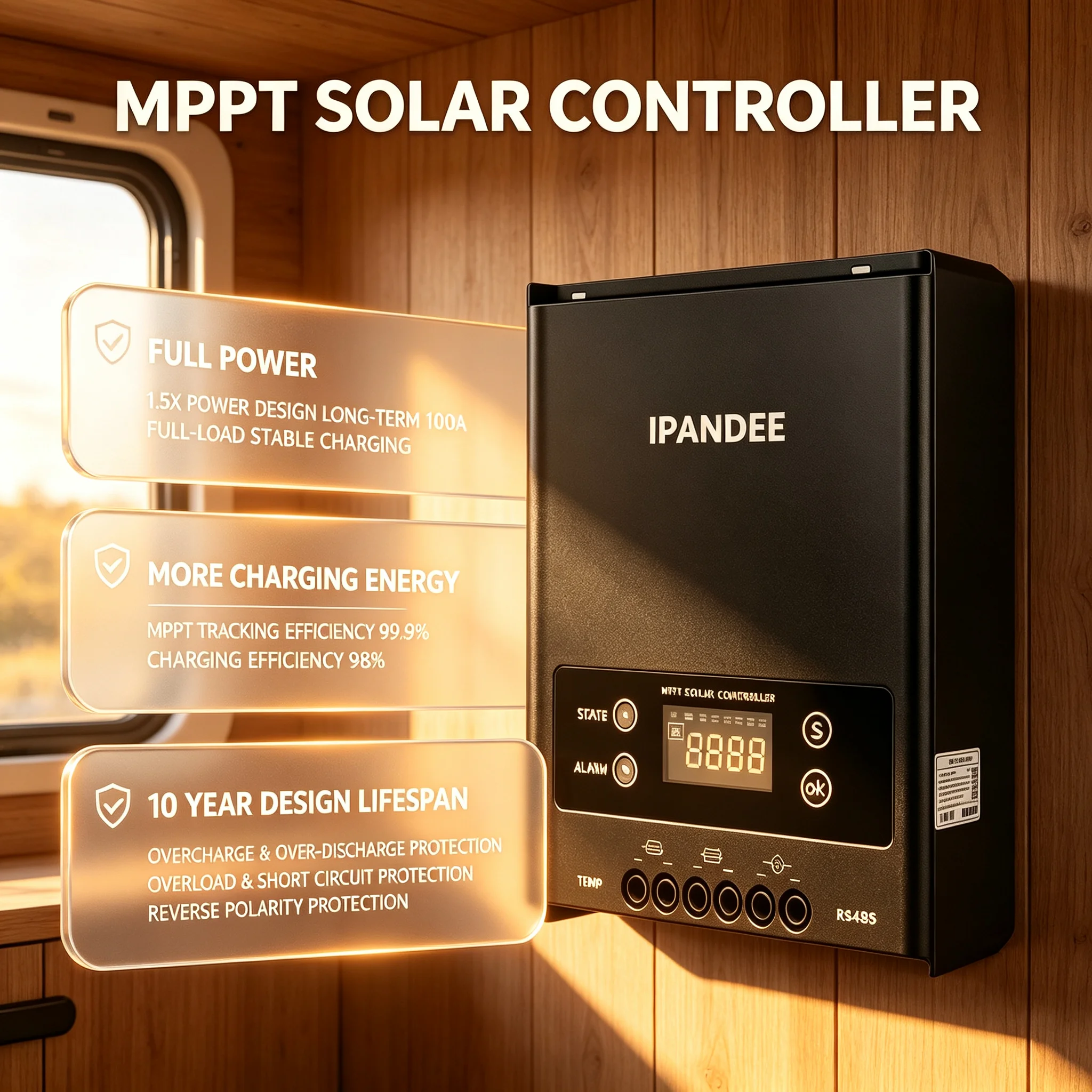 IPANDEE 100A MPPT Solar Controller 250V, 12V/24V/36V/48V Auto, 99.9% MPPT Efficiency, Lithium Activation, RS485 APP PC Monitoring, LCD Display, for Lead-acid AGM Gel Lithium Battery Off-Grid Solar Panel Kit