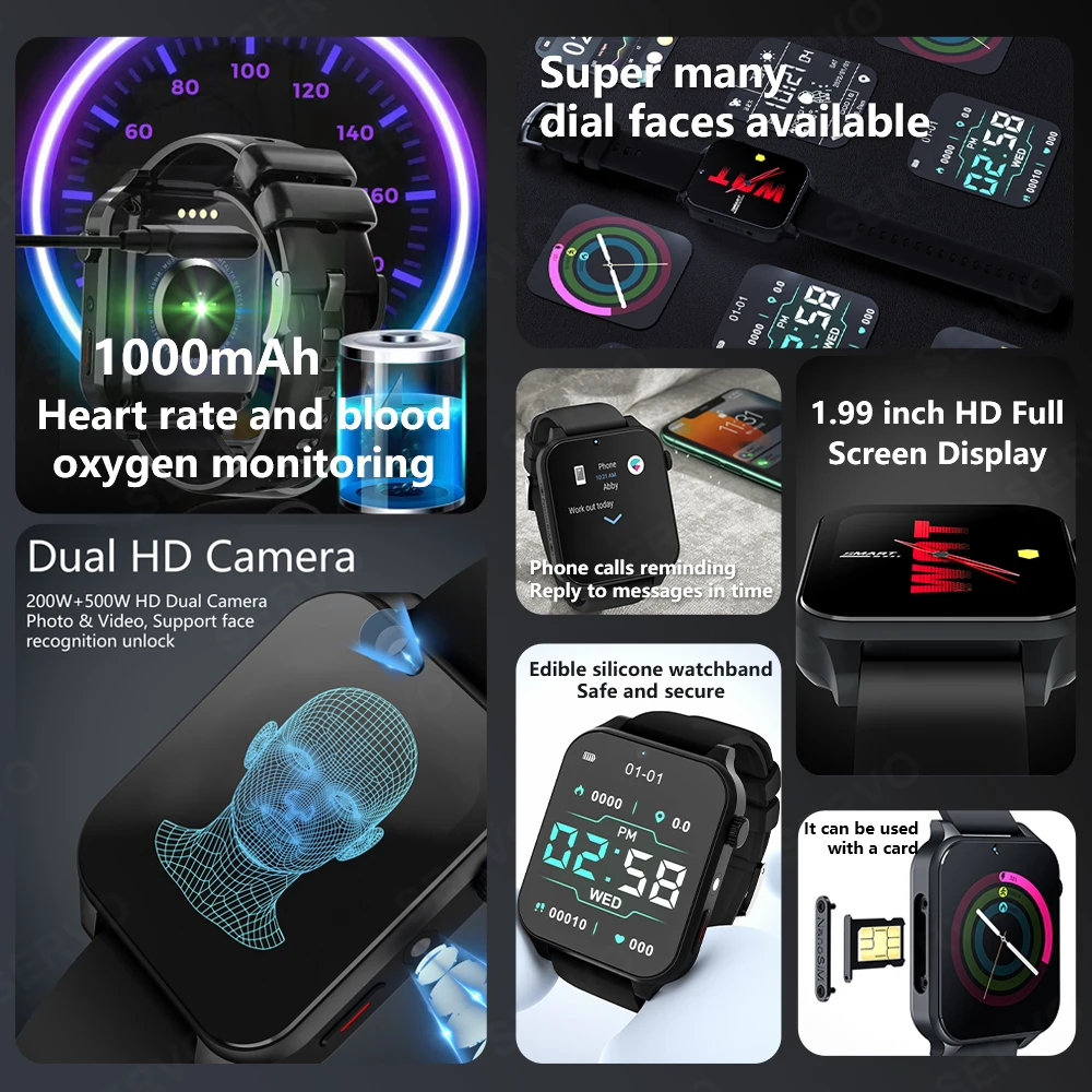 4GB 64GB 1.99In 4G Smart Watch Men Sim Card Slot Dual Camera Phone WIFI GPS Ultra Smartwatch Google Play Store Games APP KOM3