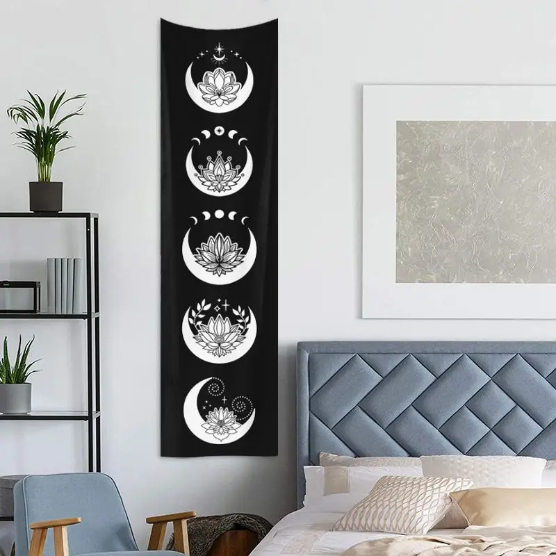 VIKAMA Black And White Lotus Moon Phase Long Tapestry Background Cloth Wall Decoration Foyer Room Decoration Home Decoration