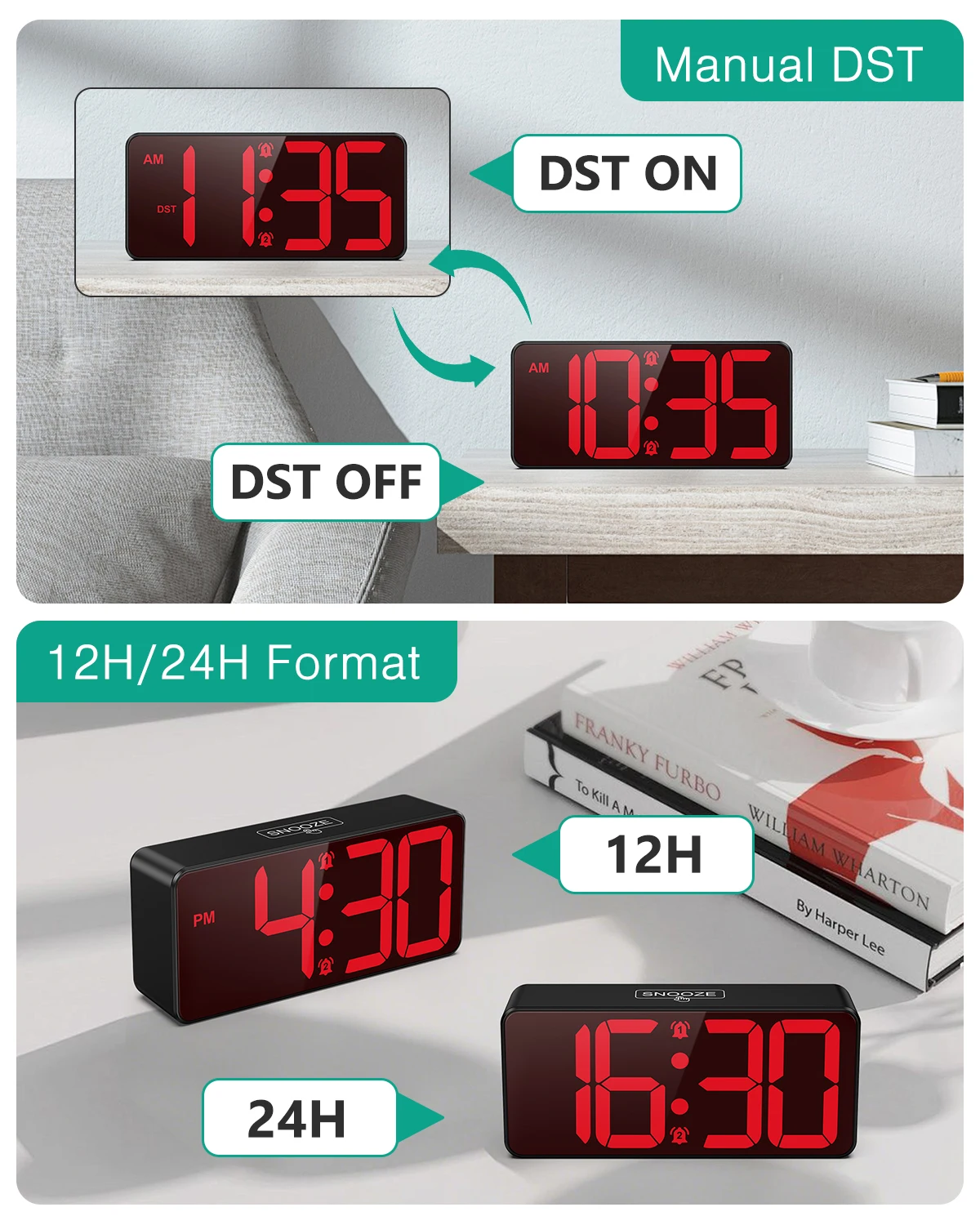 ORIA Digitaler Wecker, batteriebetriebener LED-Wecker, großes Display, kleine Uhr mit Dual-Alarm, DST, Schlummerfunktion für das Heimbüro – Detail 8