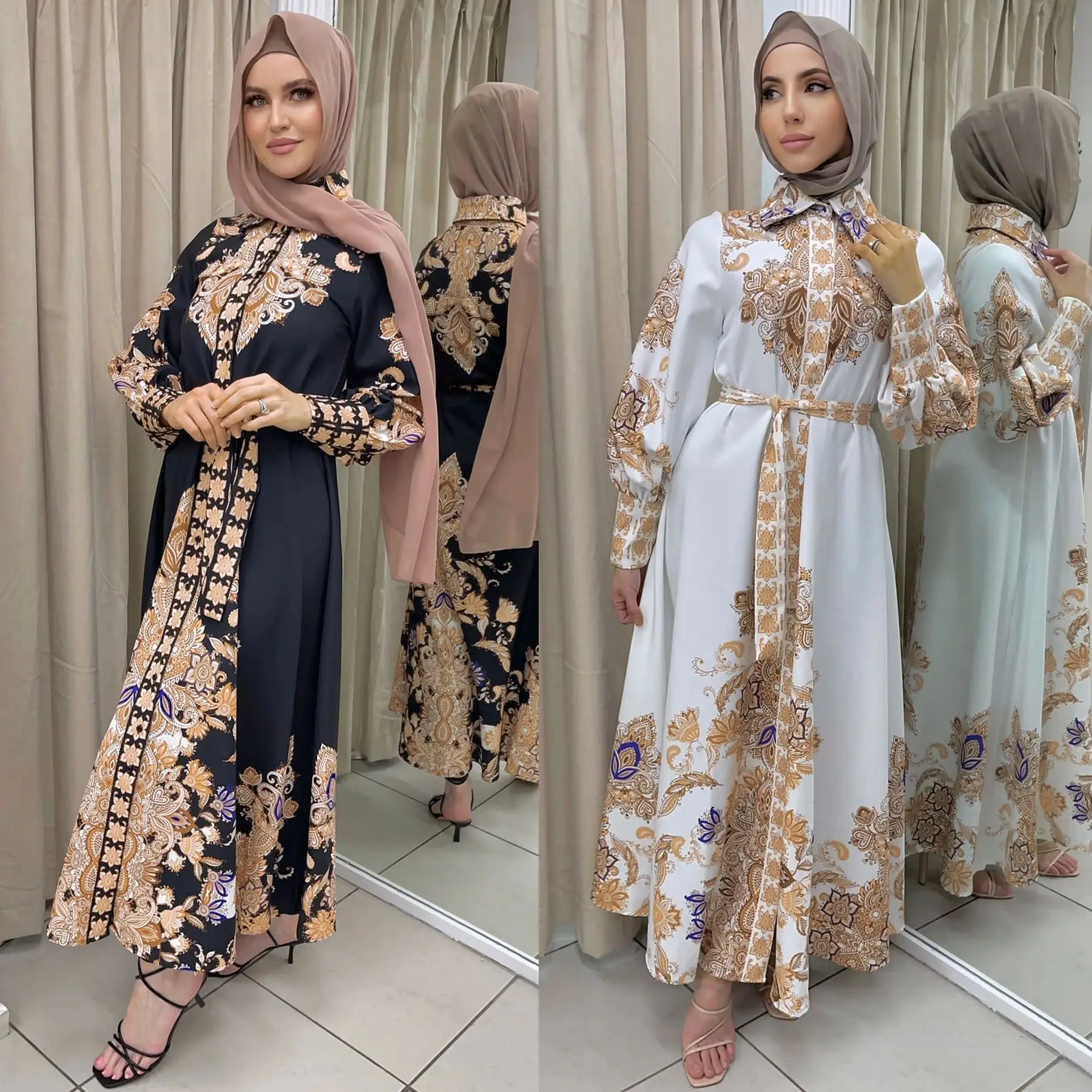 

Muslim Abayas for Women Light Luxury Dubai Indian Dress Fashion Turn Down Collar Pullover Print Dress Long Muslim Moroccan Dress