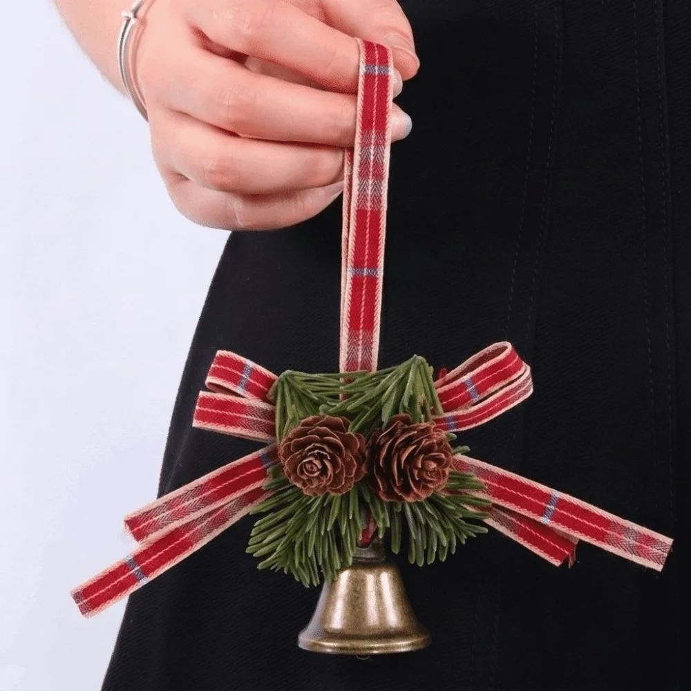 Velvet Bow Christmas Wreath Metal Bell Pine Cones Door Garland Branch Ring Artificial Greenery Xmas Tree Hanging Ornaments