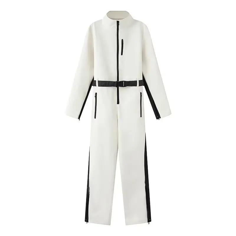 Bodysuit Ski Fleece Satu Potong Elegan untuk Wanita, Jumpsuit Ski Lengan Panjang Anti Air dan Angin dengan Patchwork