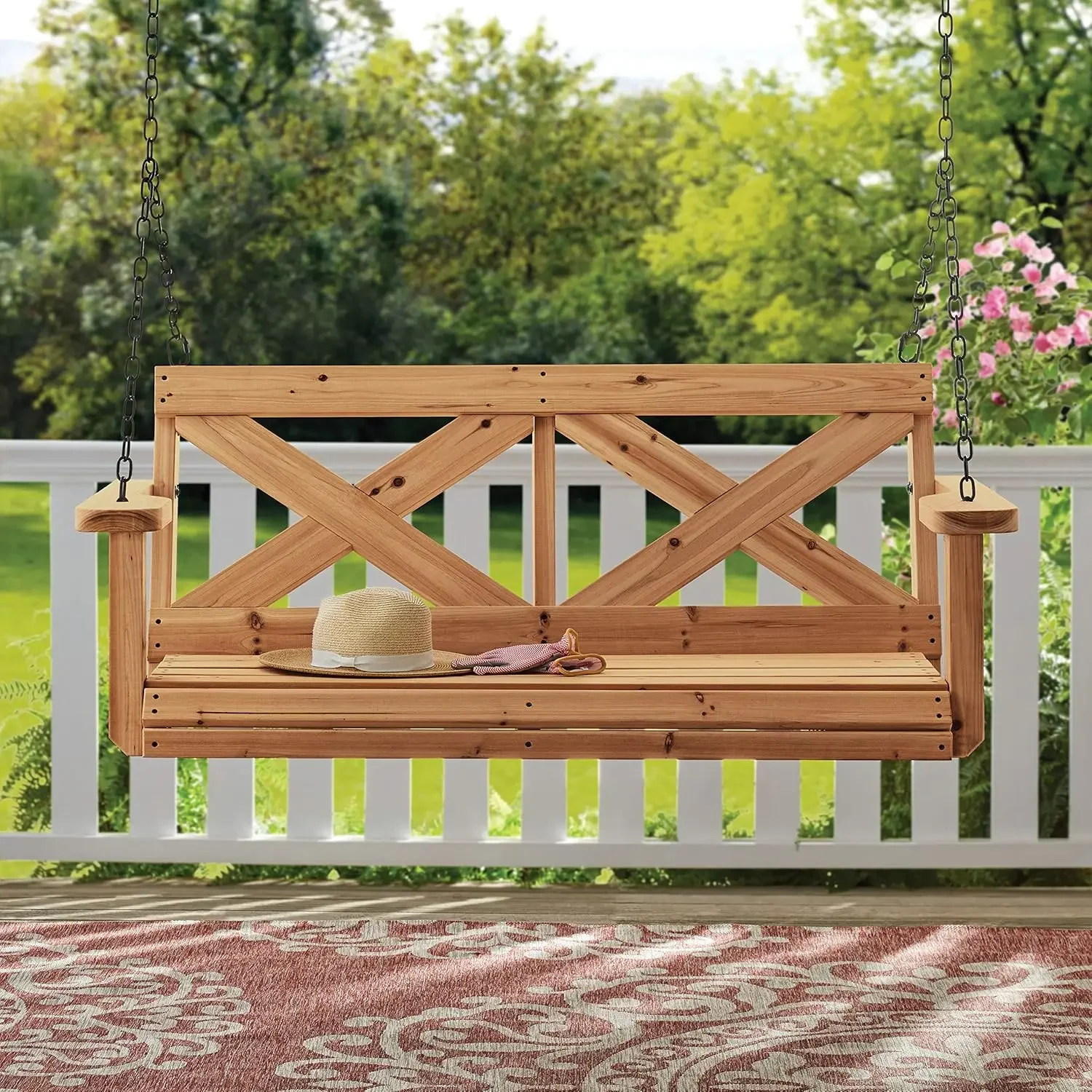 Columpio duradero para porche exterior de granja de cedro con cadena, resistente al agua, porche, patio, asientos para dos personas