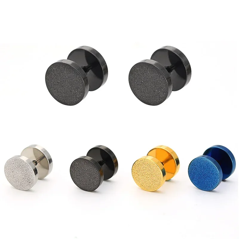 Fashion Women Men Frosted Round Silver Color Gold Black Blue Steel Dumbbell Push-Back Geometric Black Trendy Punk Stud Earrings