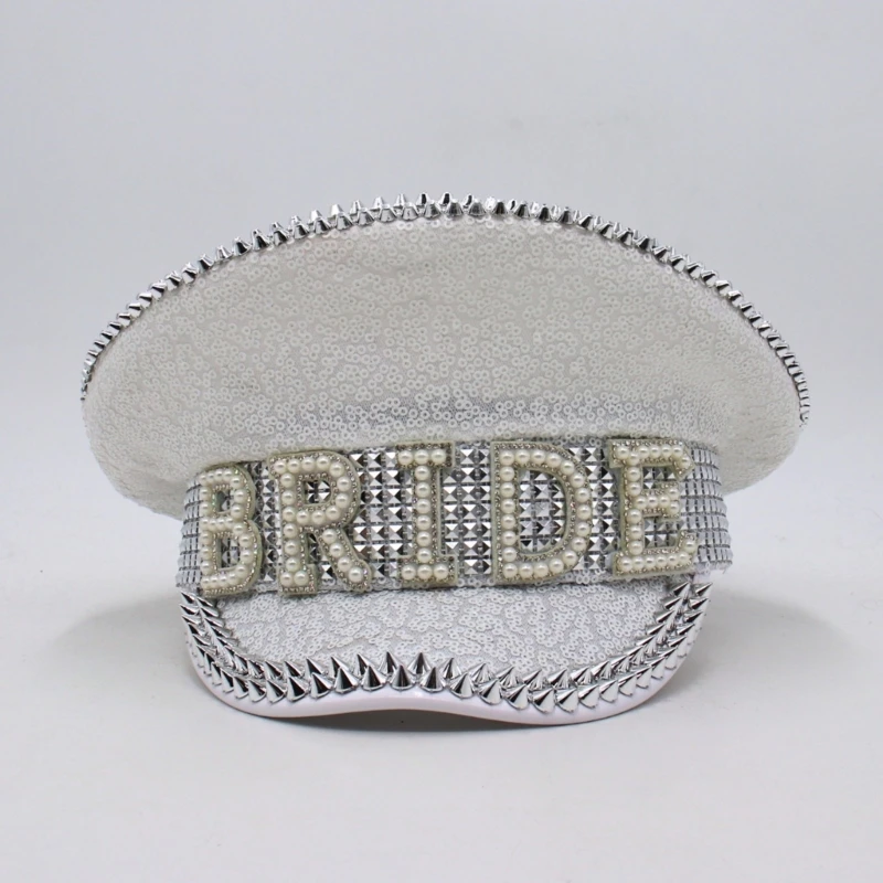 Bride Hat Pearls Captain Hat Encrusted Rhinestones Delicate BRIDE Diamond-studded Hand Beading Hat Heavy Duty