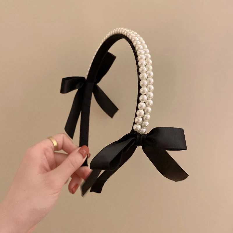 Vintage French Pearls Bow Hair Band For Women Girls Headband Korean Elegant Black Classic Hair Hoop Hair Accessories