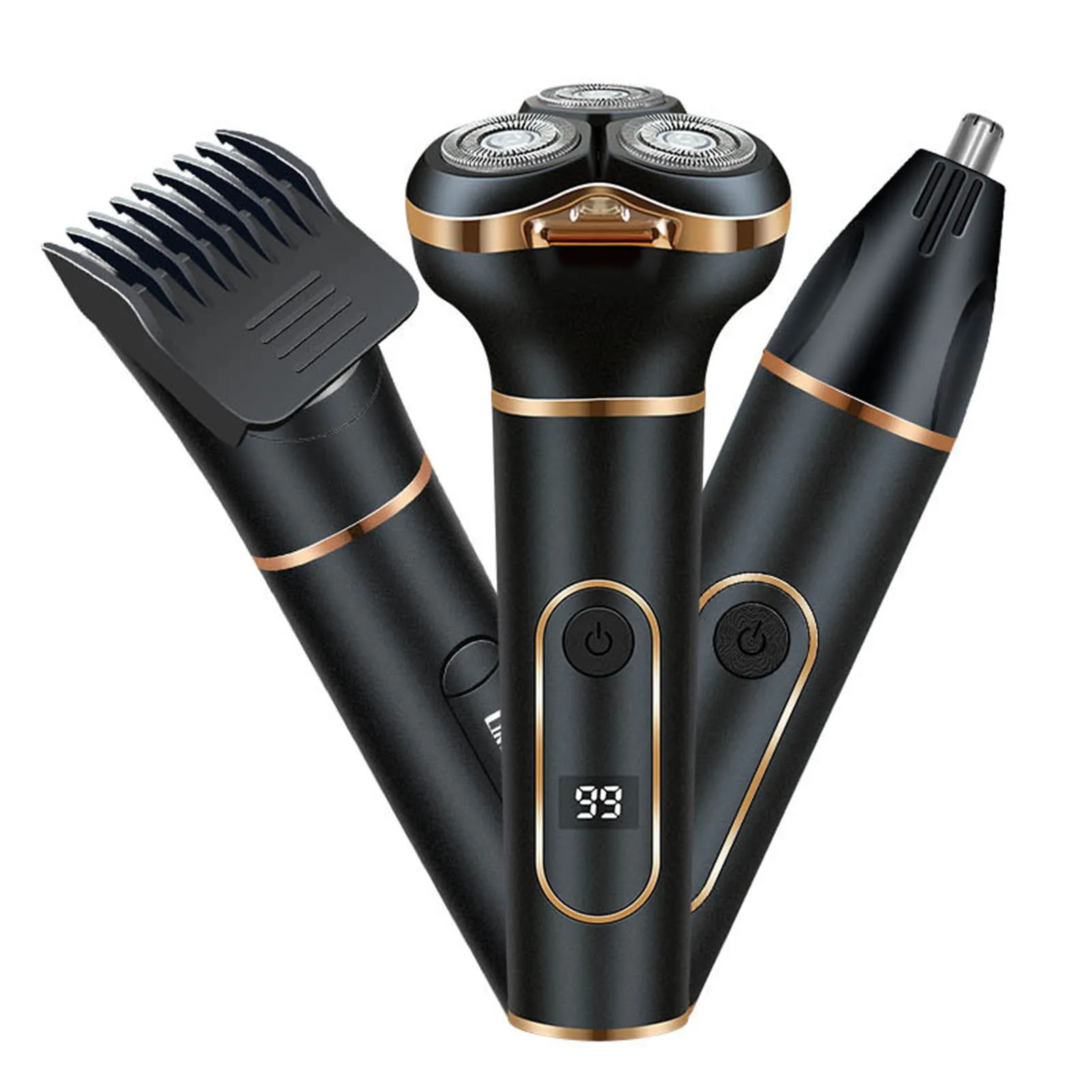 

Беспроводная электрическая машинка для бритья 5 Вт, 3 в 1, для мужчин, для бороды, носа, усов, водонепроницаемая IPX7, зарядка через USB, уровень шума 36-45 дБ