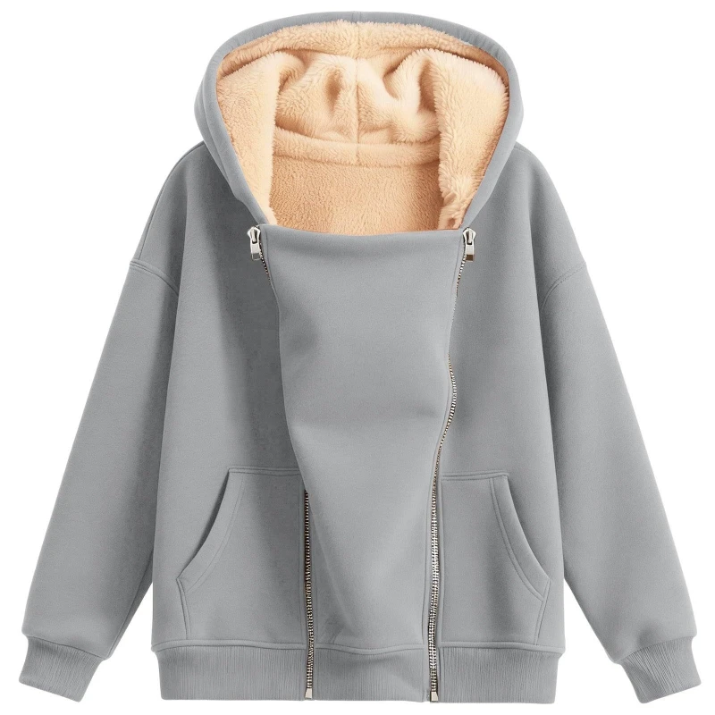 

Autumn Winter Fashion New Solid Color Hooded Long Sleeved Zipper Pocket Pullover Thick Hoodie Jacket Sweatshirt Top Street wear