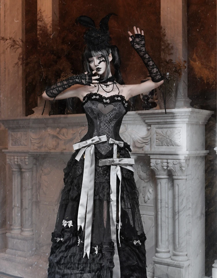 

Blood Supply Оригинальный дизайн Love God Heart Shape Выдалбливают топ-труба Fishbone Рококо Тонкий корсет Хэллоуин Черный готический топ